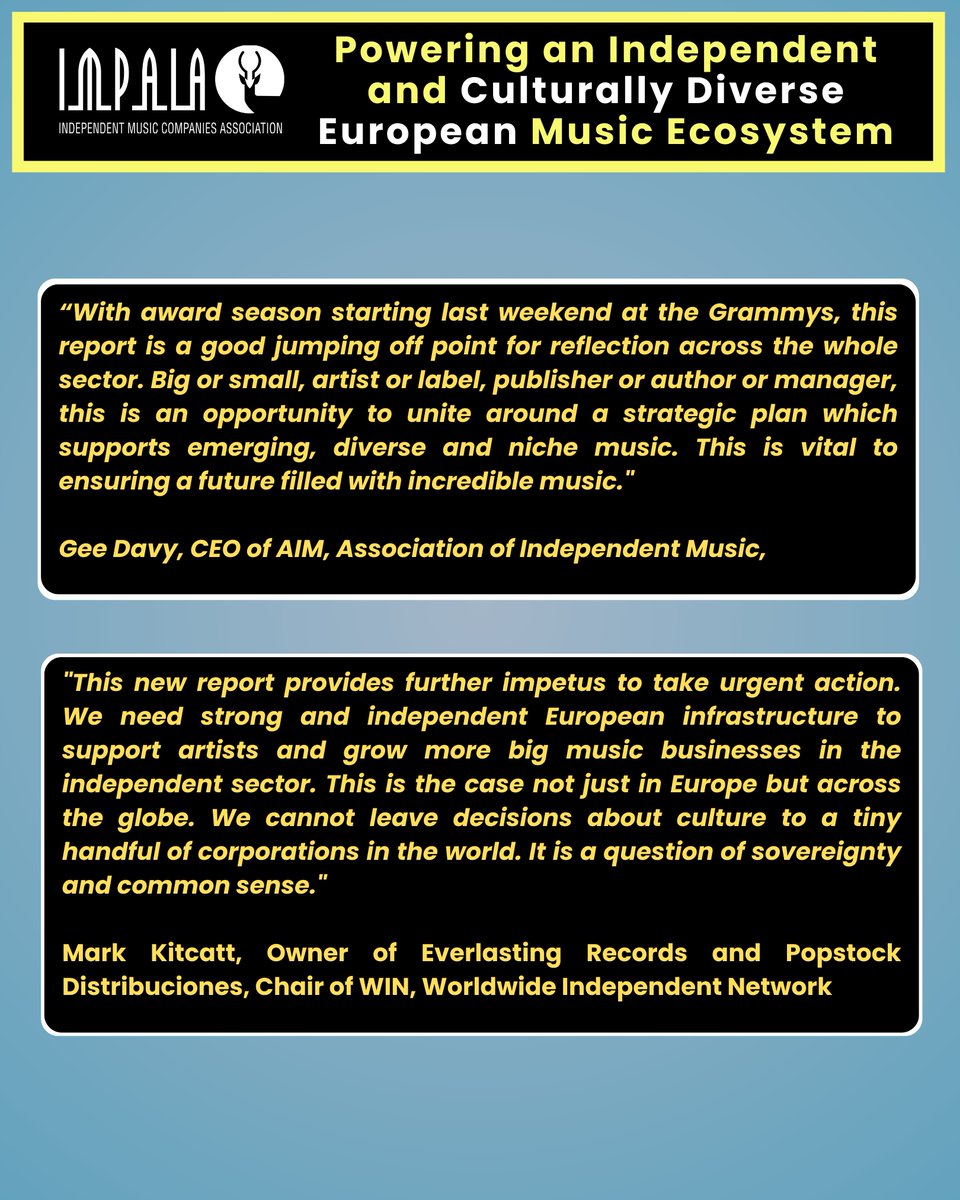🚨 New report by Dan Fowler stresses importance of culturally diverse, independent European music ecosystem as an “economic engine”. Calls for investment, targeted regulatory oversight &amp; sector collaboration.
Statement 👉 tinyurl.com/ce3wedp9
Report 👉 tinyurl.com/kw75zr3w
