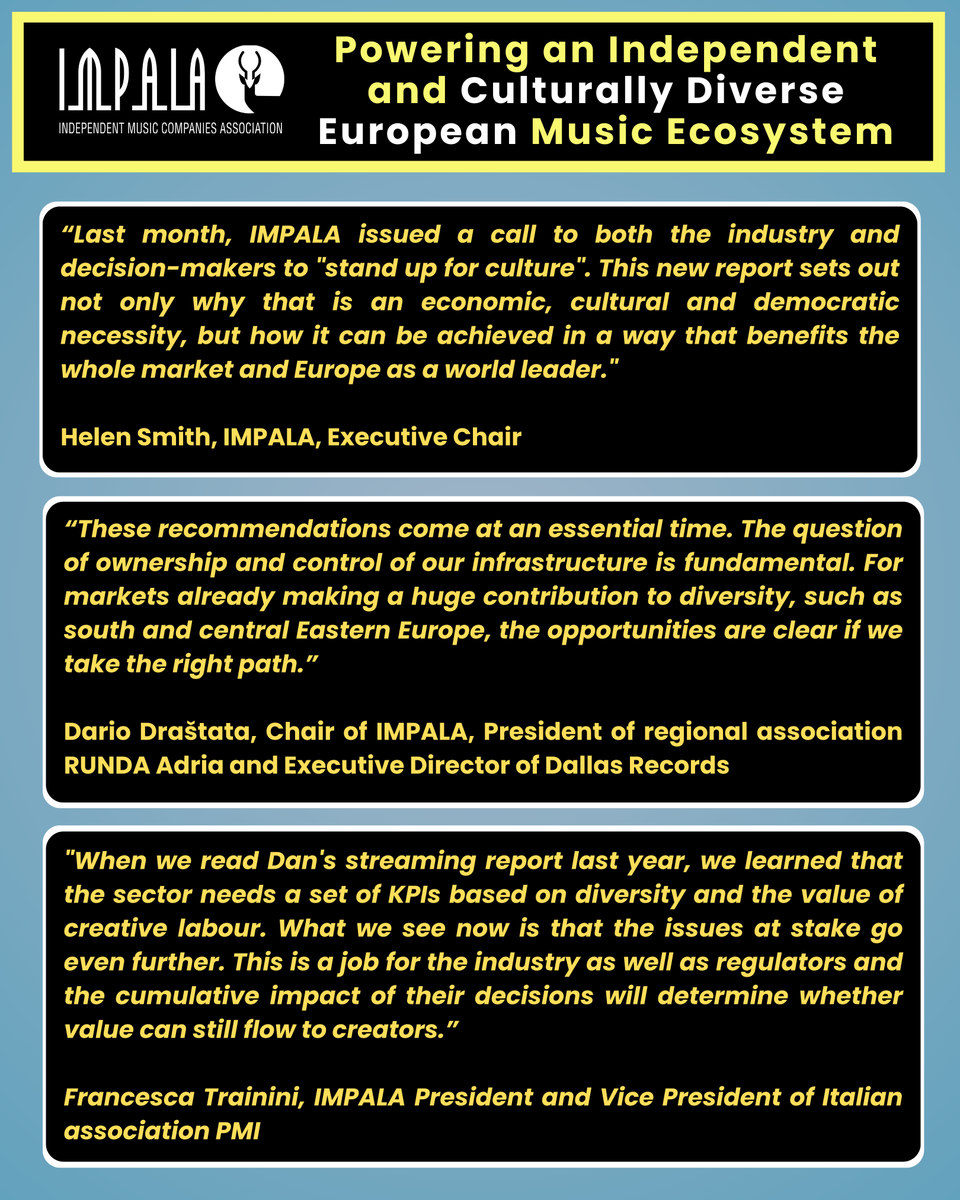 IMPALAMusic's tweet photo. 🚨 New report by Dan Fowler stresses importance of culturally diverse, independent European music ecosystem as an “economic engine”. Calls for investment, targeted regulatory oversight &amp; sector collaboration.
Statement 👉 https://t.co/9EKZ8tNY2R
Report 👉 https://t.co/AJvOfqWneQ https://t.co/oSqbXU1Jgv
