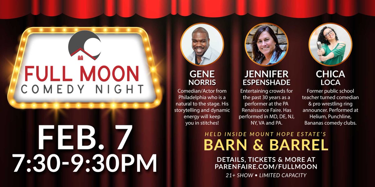 This Saturday, February 7
Full Moon Comedy Night at the Barn &amp; Barrel
An evening of laughter awaits! Estate-produced beverages available. Limited Capacity. Ages 21+ only. Admission $20, online only and in advance. Comedian bios, Tickets and more at parenfaire.com/fullmoon.html