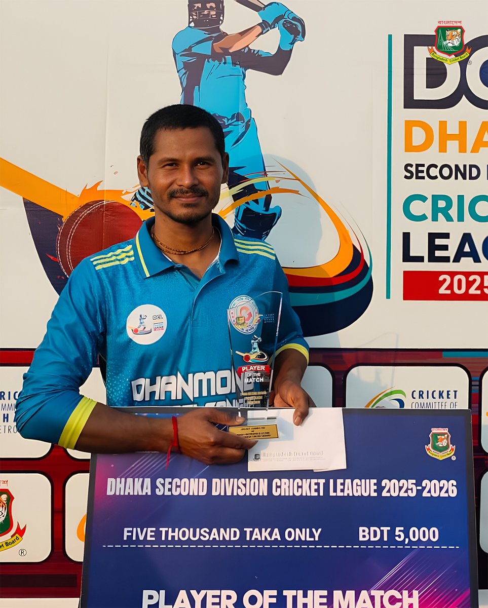 BCBtigers's tweet image. Player of the match: Sandip Kumar (Dhamondi Progati Sangha), 5-23
 
Dhaka Second Division Cricket League 2025-26

Dhanmondi Progati Sangha vs Sadharan Bima Corporation Club

#BCB #DCL #Cricket #Bangladesh