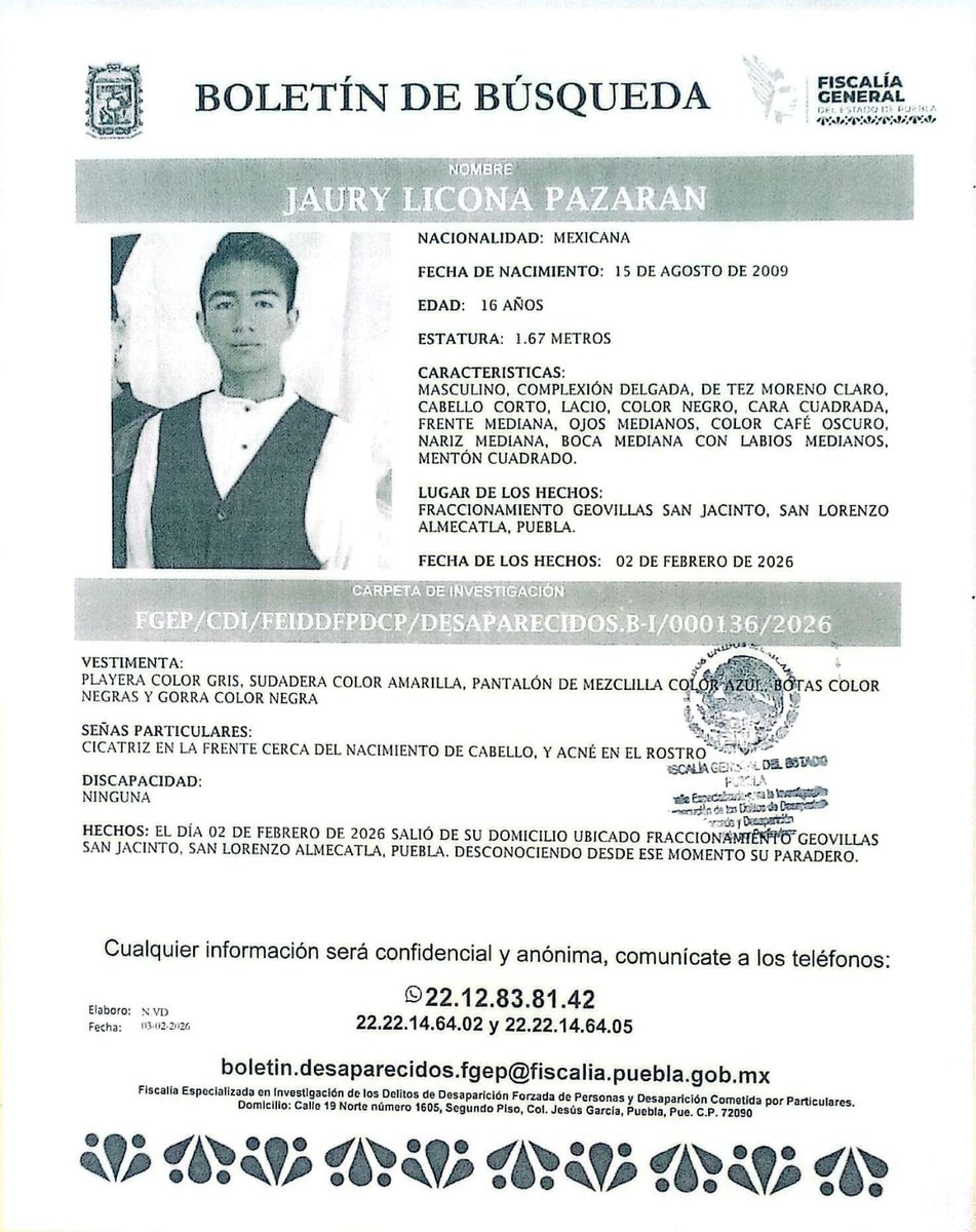 OroNoticiasPue's tweet photo. #ServicioSocial 🗣️ Se busca a Jaury Licona Pazaran, de 16 años, visto por última vez ayer en San Lorenzo Almecatla.

Cualquier información que ayude a localizarlo, favor de comunicarse al teléfono 22 12 83 81 42. 📞 https://t.co/2YsnWNNFBI