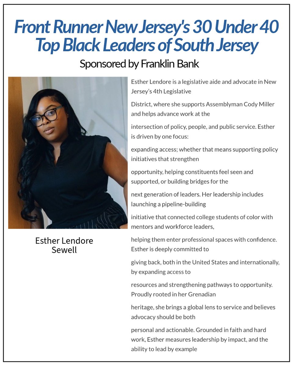 Let's Celebrate Front Runner New Jersey's 30 Under 40: Top Black Leaders of South Jersey - Sponsored by Franklin Bank!  During Black History Month, we're highlighting honorees of the Class of 2026!
frontrunnernewjersey.com/2026/02/01/30-…
✍<a href="/clydehughes/">clydehughes</a> AC JosepH Media
<a href="/FrontJersey/">FrontRunnerNewJersey</a> 💻 2/1/26