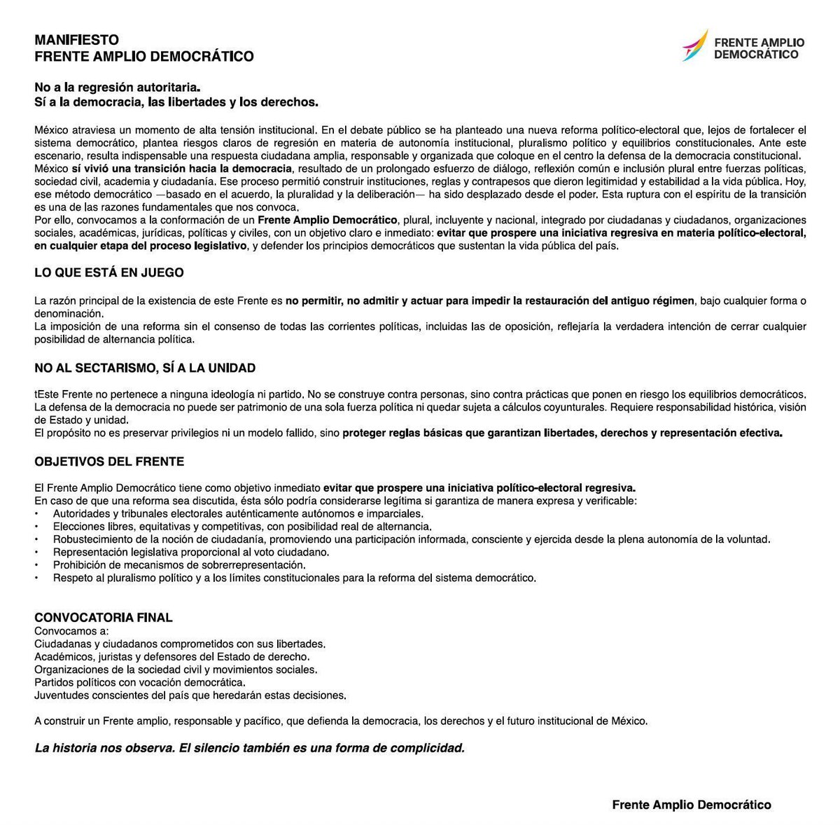 EmilioAlvarezI's tweet image. ‼️NACE EL FRENTE AMPLIO DEMOCRÁTICO 🇲🇽

🛑Ciudadanía comprometida con sus libertades.
🛑Académicos, juristas y defensores del Estado de derecho.
🛑Organizaciones de la sociedad civil y movimientos sociales.
🛑Partidos políticos con vocación democrática

Todos unidos con un solo…