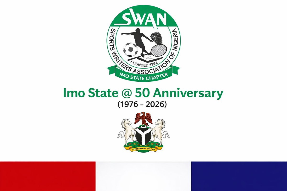 IMOSWAN1's tweet photo. The Sports Writers Association of Nigeria (SWAN), Imo State Chapter, heartily congratulates the government and good people of Imo State on the golden jubilee of the state’s creation, marking 50 years of existence from February 3, 1976 to February 3, 2026.

In a press https://t.co/5ss07SEcKA