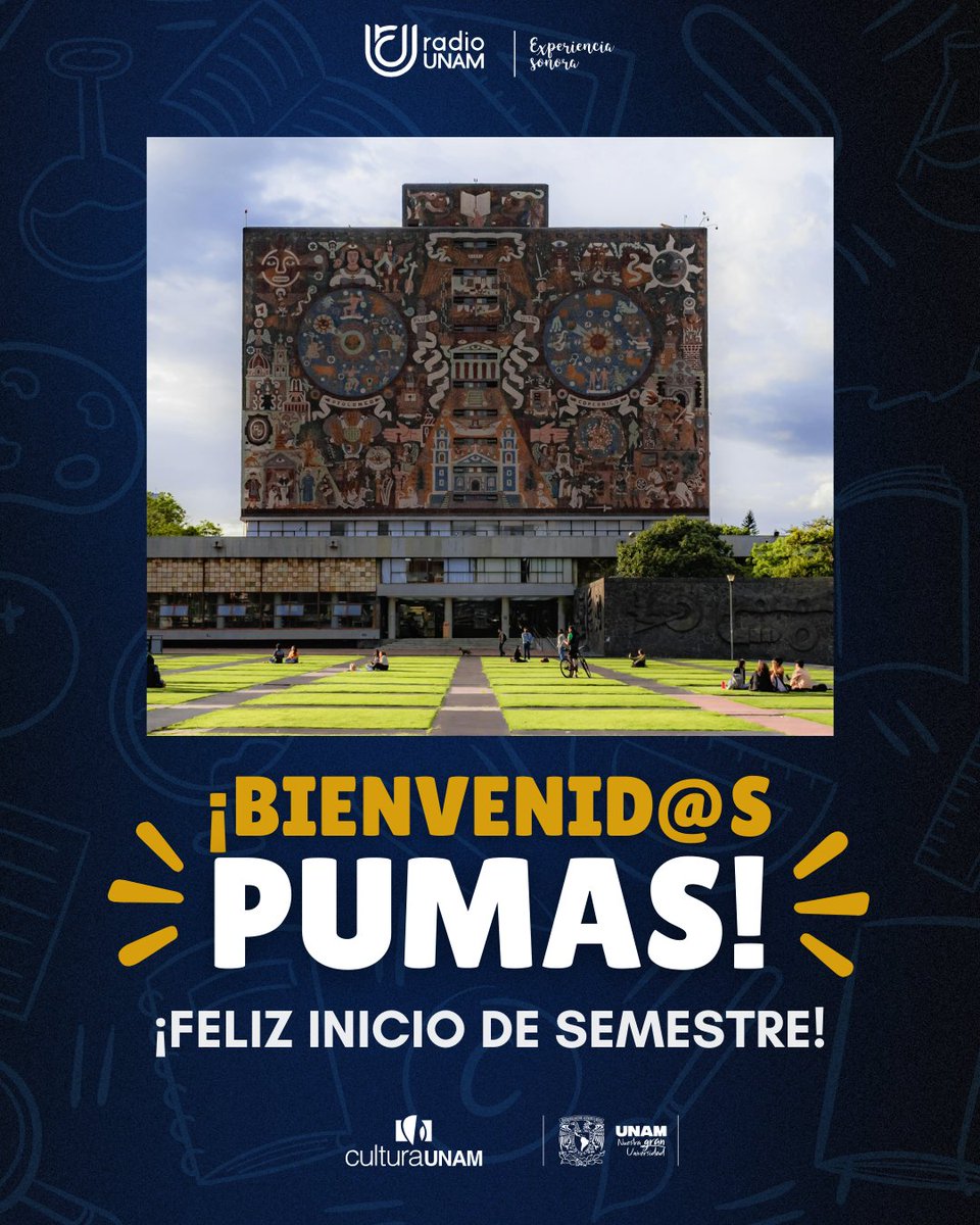 RadioUNAM's tweet photo. ¡Hoy arrancan las clases en la @UNAM_MX! 🎒🤗✨
¡Bienvenid@s, pumas! 🐾 Que este semestre esté lleno de logros y momentos únicos. 🎓🏆 https://t.co/Pq8QzygGDE