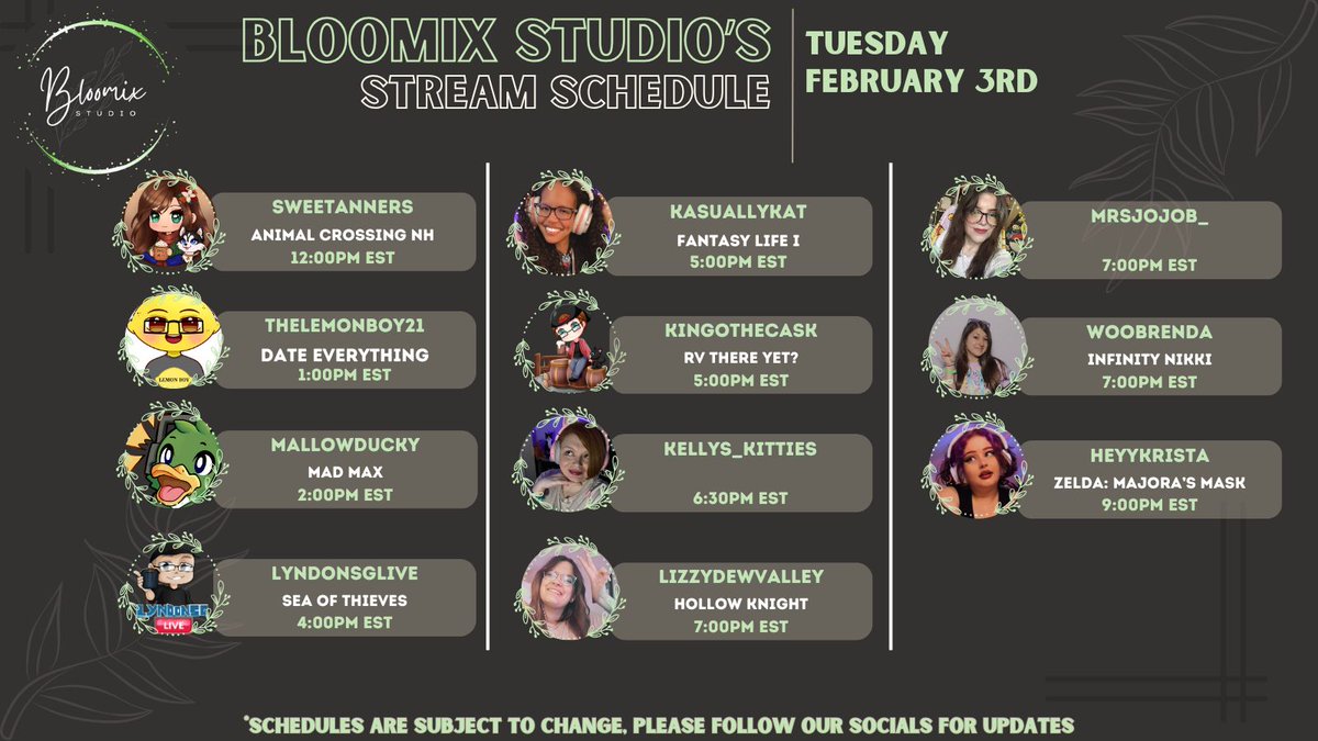 Check out our lineup of streamers going Live ~*• February 3rd •*~  on their channels