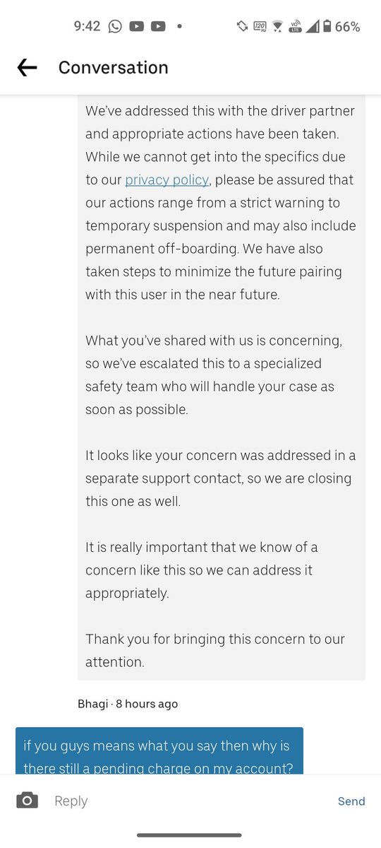 KSareen's tweet photo. @UberIN_Support There is still no resolution. What kind of policy allows a driver to cancel a trip at will and the customer is still charged for a ride that never took place. Have you thought through the ramifications? My account is still showing a pending charge. Remove the charge immediately. https://t.co/VsPyue8hkZ