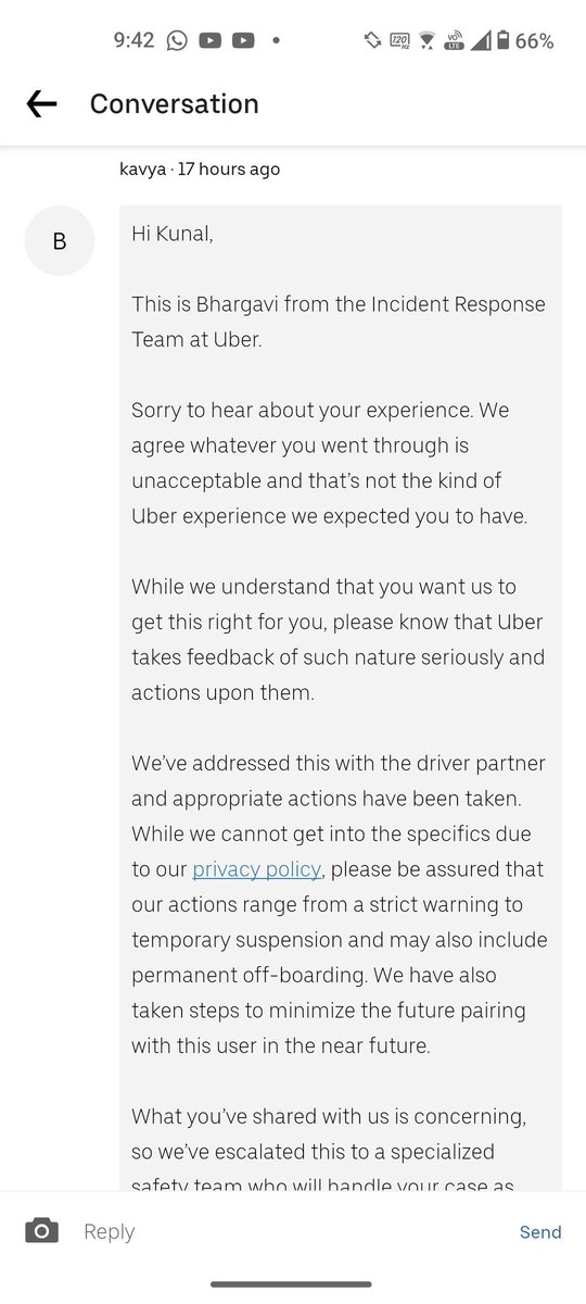 KSareen's tweet photo. @UberIN_Support There is still no resolution. What kind of policy allows a driver to cancel a trip at will and the customer is still charged for a ride that never took place. Have you thought through the ramifications? My account is still showing a pending charge. Remove the charge immediately. https://t.co/VsPyue8hkZ