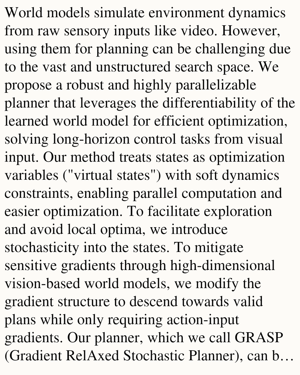 Parallel Stochastic Gradient-Based Planning for World Models

Michael Psenka, Michael Rabbat, Aditi Krishnapriyan, Yann LeCun, Amir Bar
arxiv.org/abs/2602.00475 [𝚌𝚜.𝙻𝙶 𝚌𝚜.𝚁𝙾]