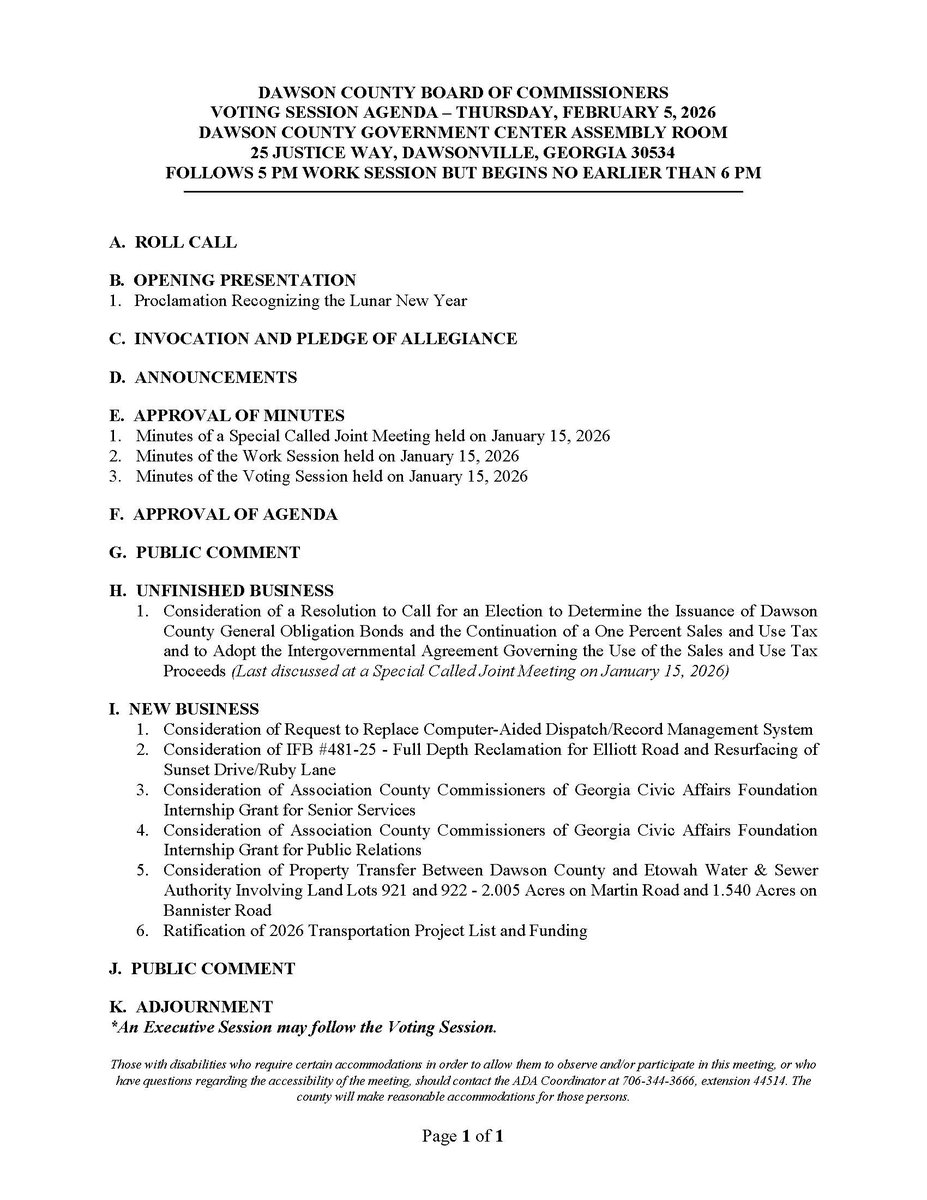 This week's Board of Commissioners Work Session will begin at 5 p.m. and a Voting Session will follow but begin no earlier than 6 p.m. on Thursday, February 5.