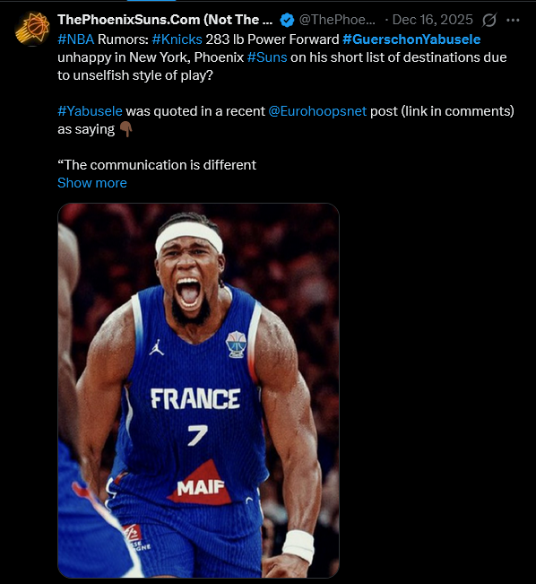 ThePhoenixSuns2's tweet photo. #NBA Rumors: Phoenix #Suns nearing deal with New York #Knicks built around #GuerschonYabusele for #NickRichards if New York adds 2nd Round draft capital?
Both teams exploring other options but could revisit Thursday?
#KeepTheReceipts #TimeStampIt #NBAtradeDeadline