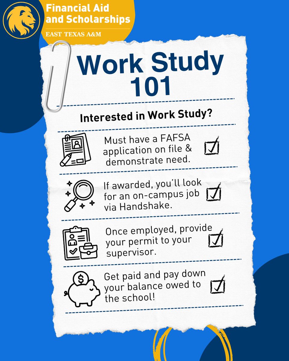 Work-Study questions? We’ve got you! 💼💸Stop by the Money Management Center to chat with a Money Coach, or visit The Welcome Center to meet with a Financial Aid Advisor to check eligibility. <a href="/B2GMMC/">Blue 2 Gold Money Management Center</a> #ETAMU #financialaid #workstudy #collegeready #fafsa #studentaid