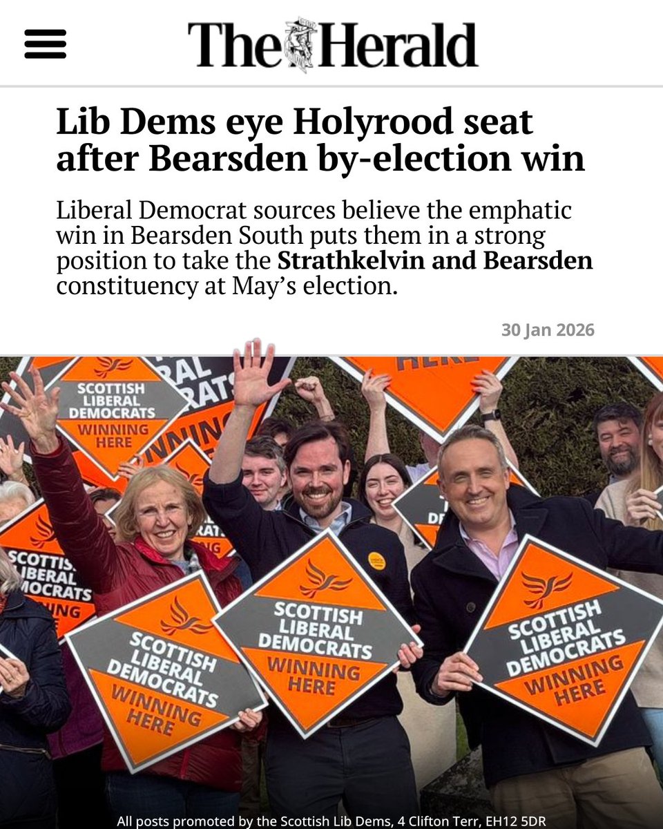 scotlibdems's tweet photo. In Bearsden South, the SNP slumped, Reform underperformed, the Conservatives collapsed - and it's clear Labour has no chance of winning here.
Ben Langmead's victory proves Strathkelvin & Bearsden is a straight fight between the SNP and the Scottish Liberal Democrats. https://t.co/zr04N253bt