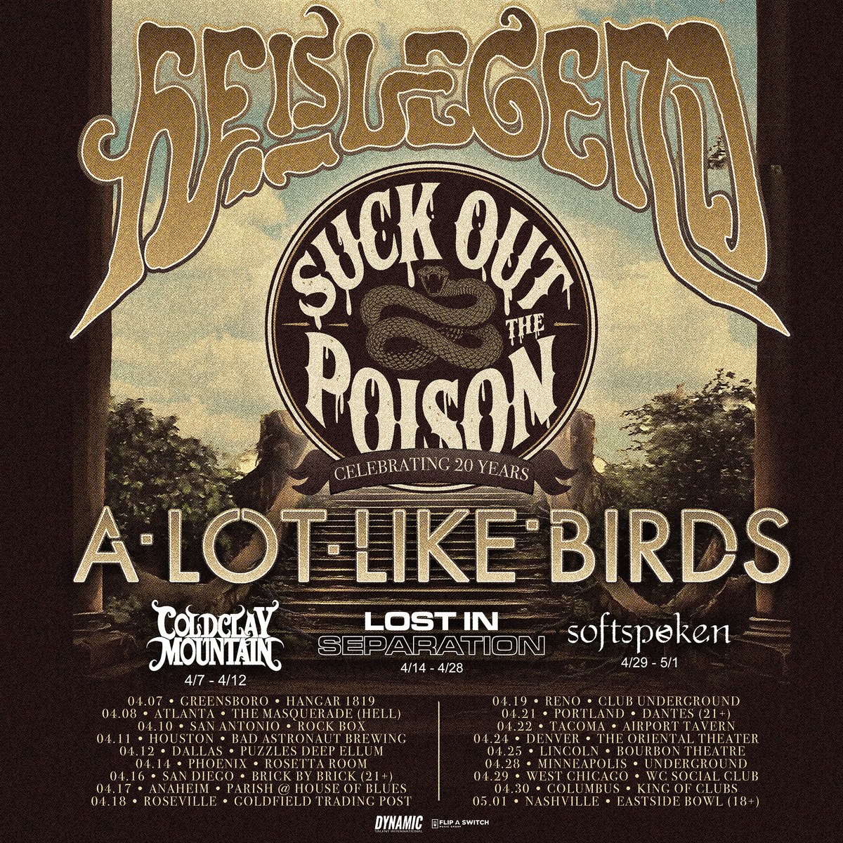 softspokenband's tweet photo. We are incredibly honored to support @HeIsLegendNC, celebrating 20 years of Suck Out The Poison, with @alotlikebirds.

We'll be closing out the last three dates!

4/29 - West Chicago, IL @ WC Social Club
4/30 - Columbus, OH @ King of Clubs
5/01 - Nashville, TN @ Eastside Bowl

Tickets on sale this Friday!