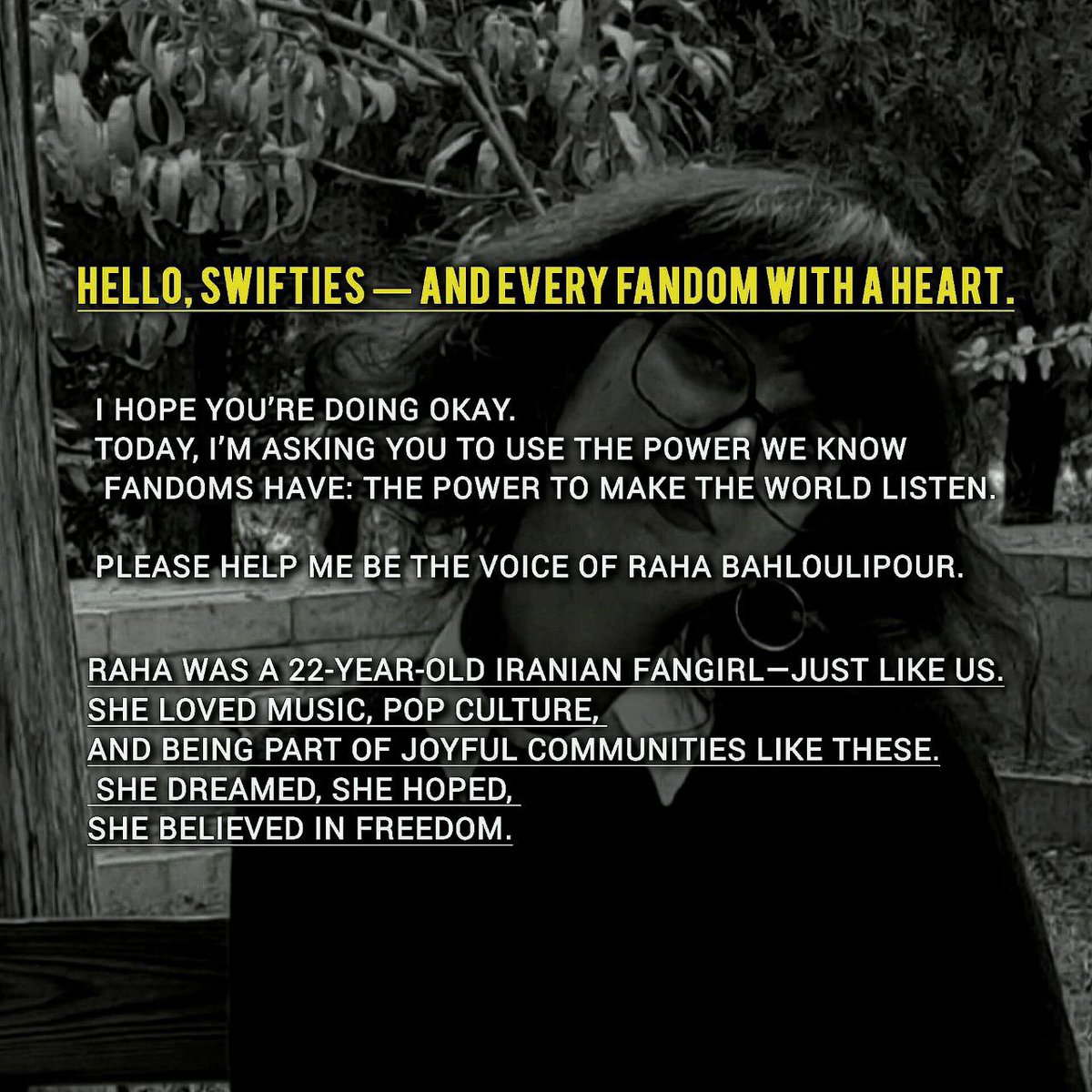 melinaxvlp's tweet photo. Hello Swifties! 
#RahaBahloulipour
#iranmassacre
#freeiran
#r2pforiran https://t.co/k9OmVYFAld