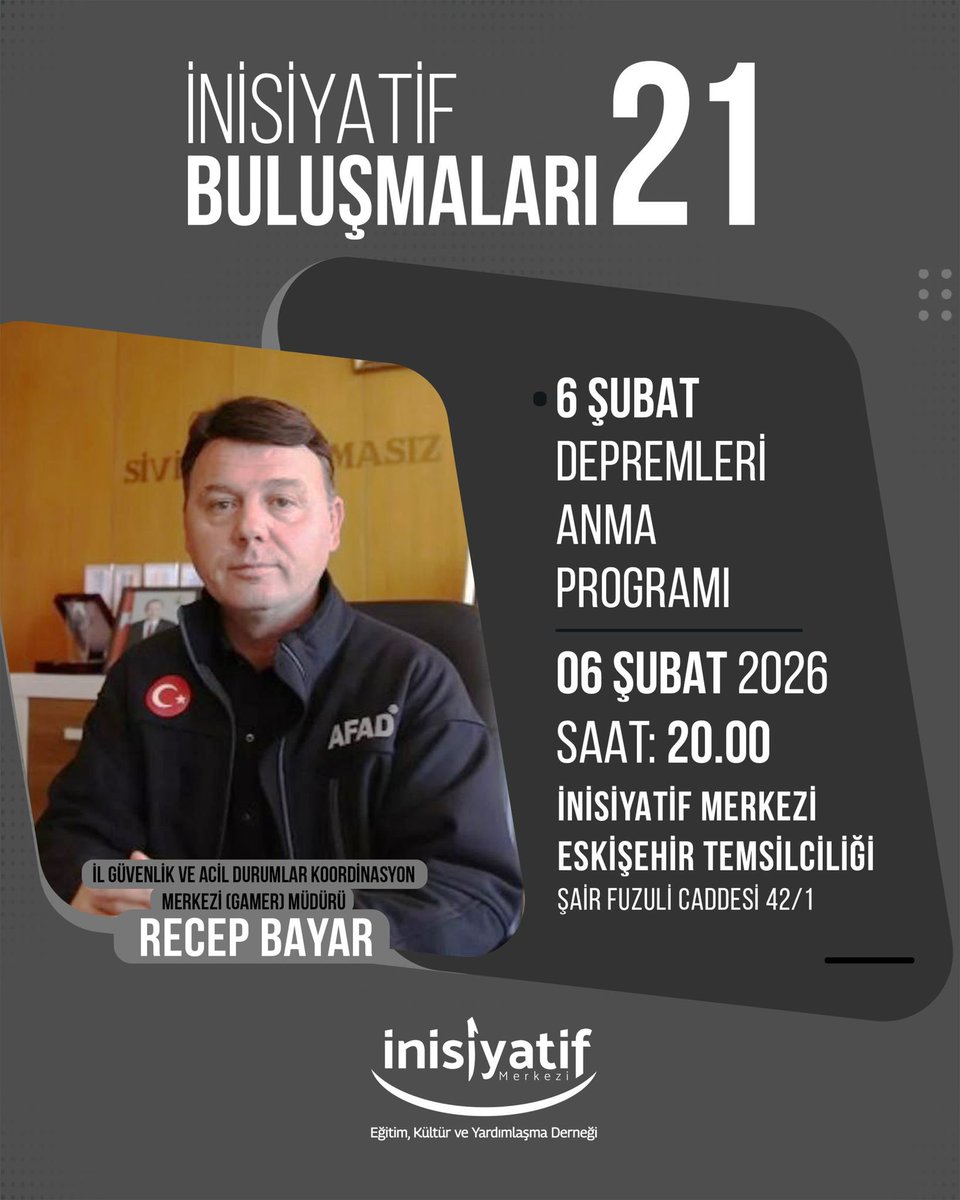 İnisiyatif Merkezi Eğitim Kültür ve Yardımlaşma Derneği Eskişehir Temsilciliği 6 Şubat Anma ve Farkındalık Etkinliği

🗓️ 6 Şubat 2026 / Cuma
⏰ 20:00
📌 Şair Fuzuli Cad. No:42/1 İnisiyatif Merkezi Eskişehir Temsilciliği