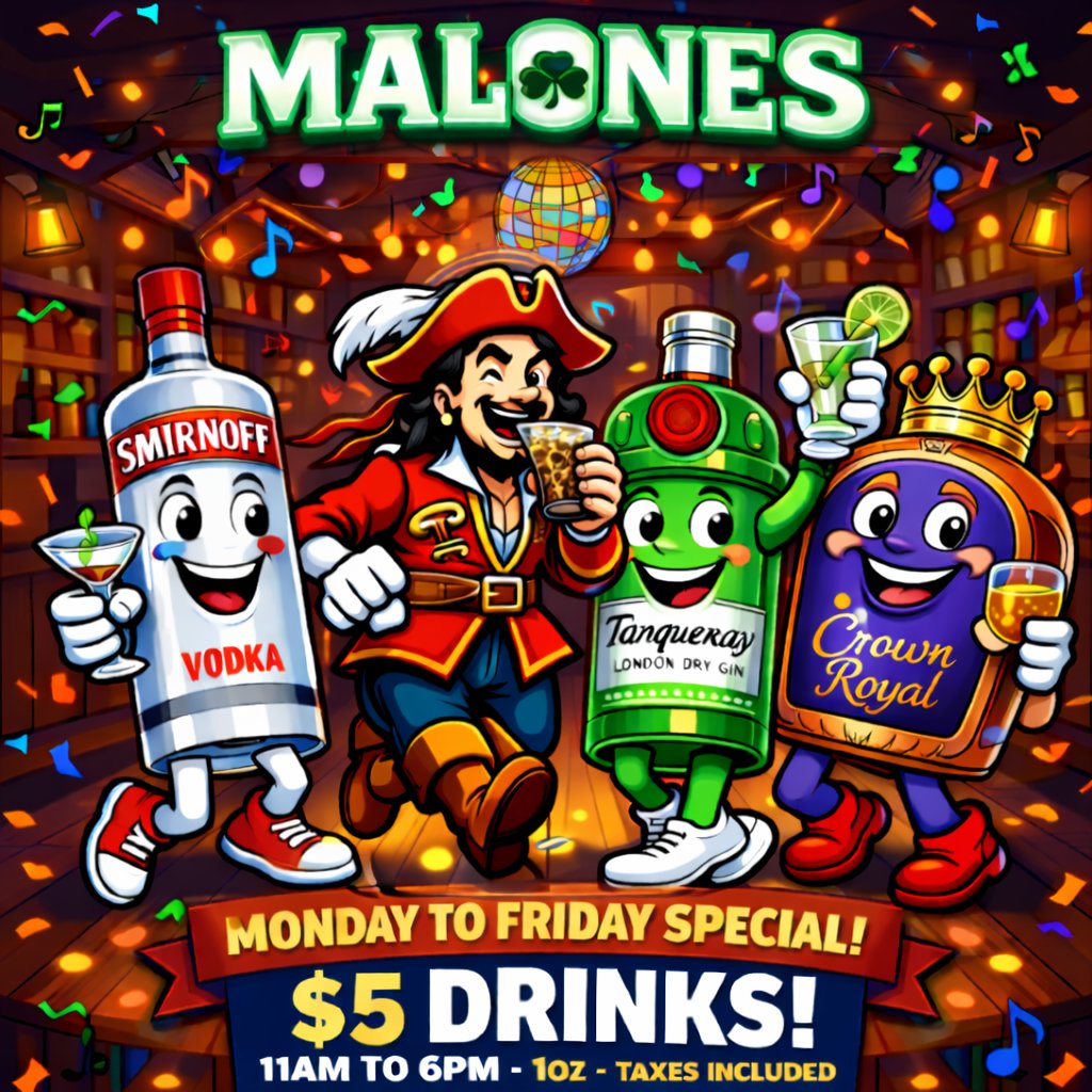 🚨 BIG DROP #2 🚨

Weekdays just got stronger!

🍸 1 oz. Crown Royal, Smirnoff, Tanqueray, or Captain Morgan
💸 $5 (taxes included!) 
🕚 Monday–Friday | 11 AM – 6 PM

Heads up: we still have one more HUGE announcement...stay tuned!

📍118 Bradford Street, Barrie -- 705 739 9070