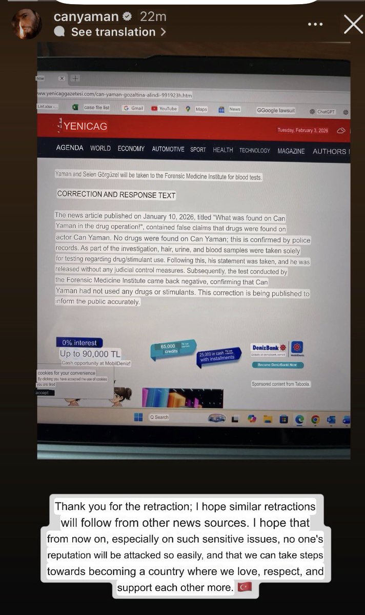 ♦️#CanYaman IG Story 

“Thank you for the retraction; I hope similar retractions will follow from other news sources. 
I hope that from now on, especially on such sensitive issues, no one's reputation will be attacked so easily, and that we can take steps towards becoming a