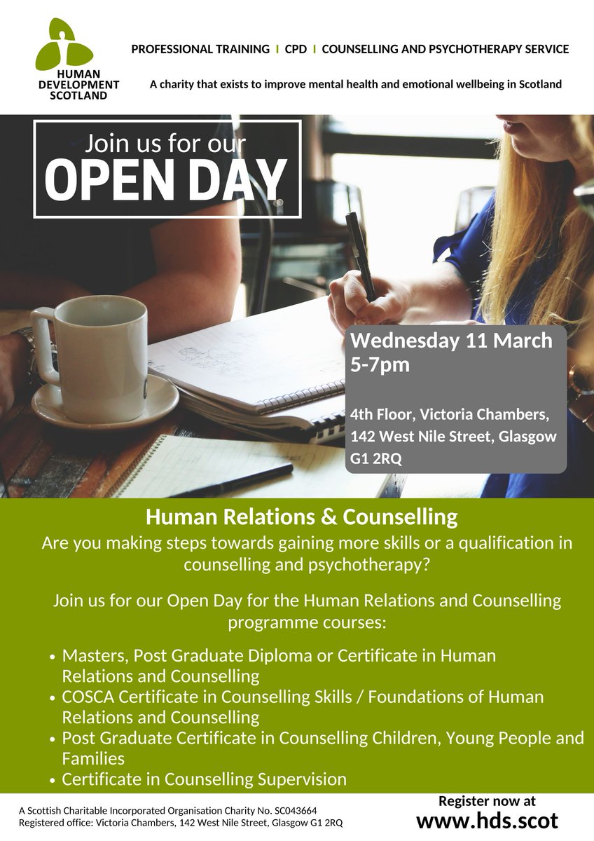 HDScotland's tweet photo. Register now for our next Open Day on Wednesday 11 March from 5-7pm in Glasgow.

It’s an opportunity for prospective students to find out about our courses, ask unique questions &amp; help decide to pursue professional training at HDS.

More info &amp; register: 
https://t.co/2pcdrAu79j https://t.co/bmhC8fNzxR