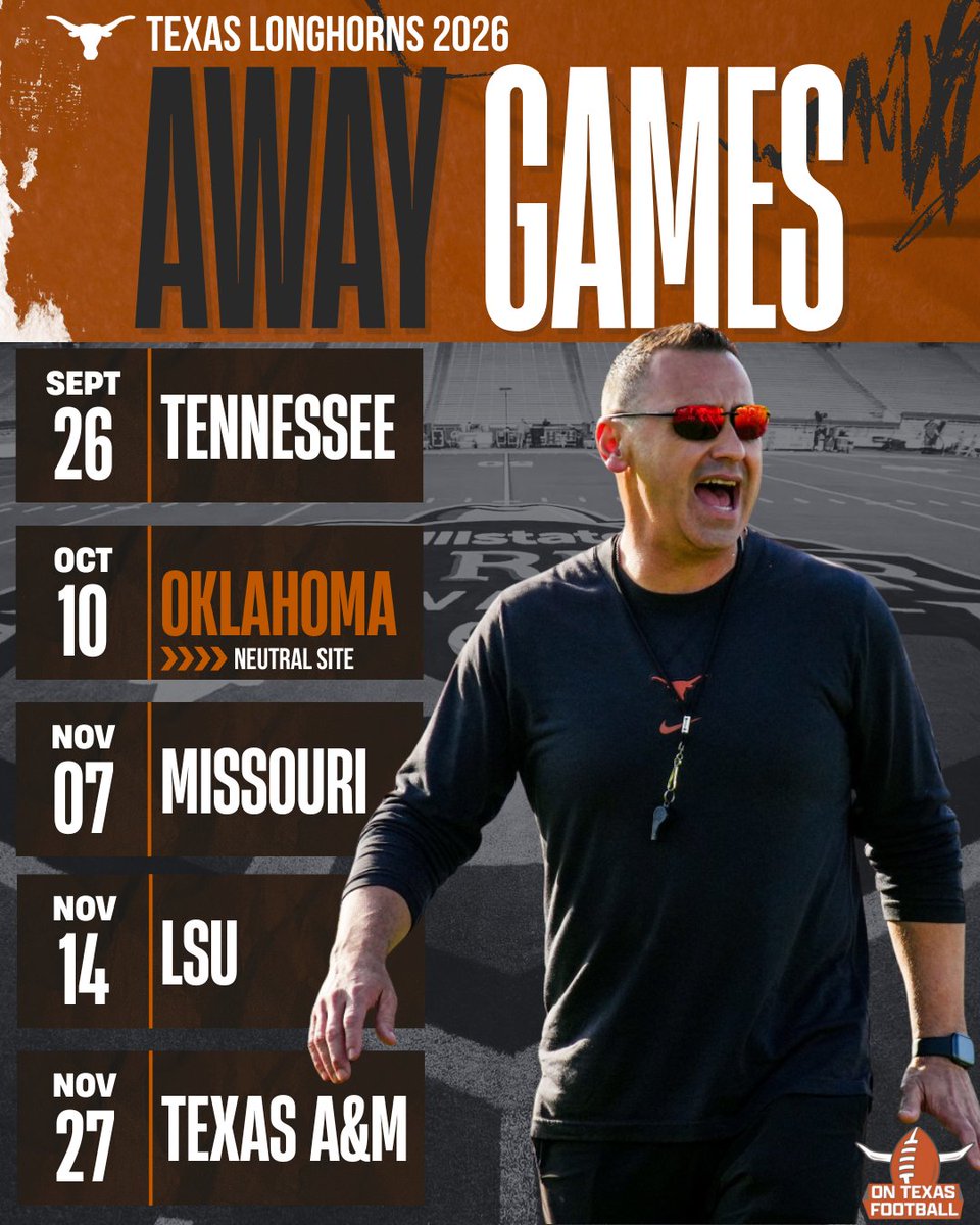 ontexasfootball's tweet image. The #Longhorns are on the road for five games next season (with #OU being neutral site as always). 

Which #Texas road trip are you looking forward to the most?