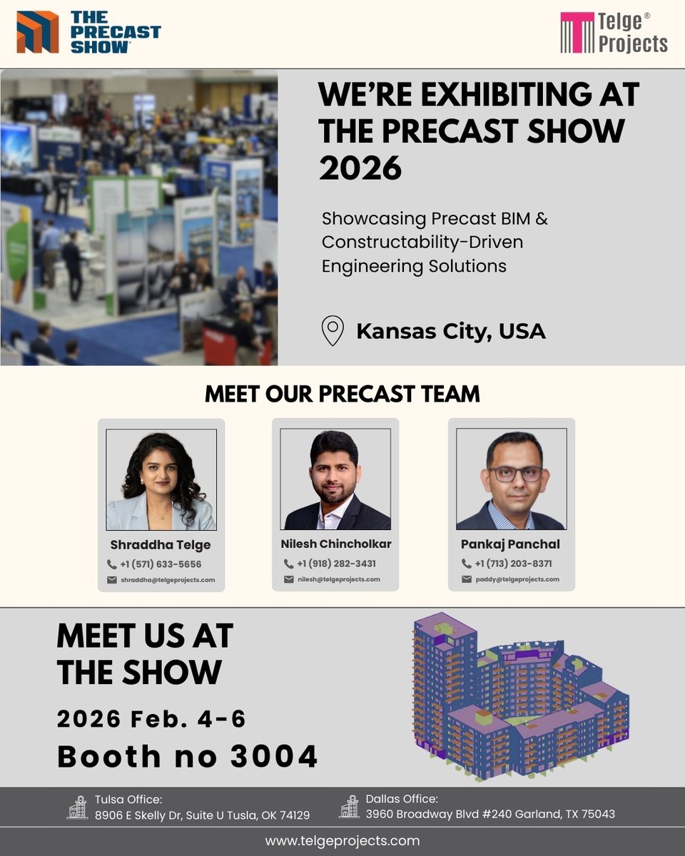 ProjectsTelge's tweet photo. From concept to fabrication-ready precast solutions we’re bringing it all to #ThePrecastShow 2026

Meet the Telge Projects precast team at Booth 3004 and see how our BIM-driven workflows improve accuracy, coordination &amp; constructability.

📍 Kansas City | Feb 4–6
#TelgeProjects https://t.co/3MOMffC5nW