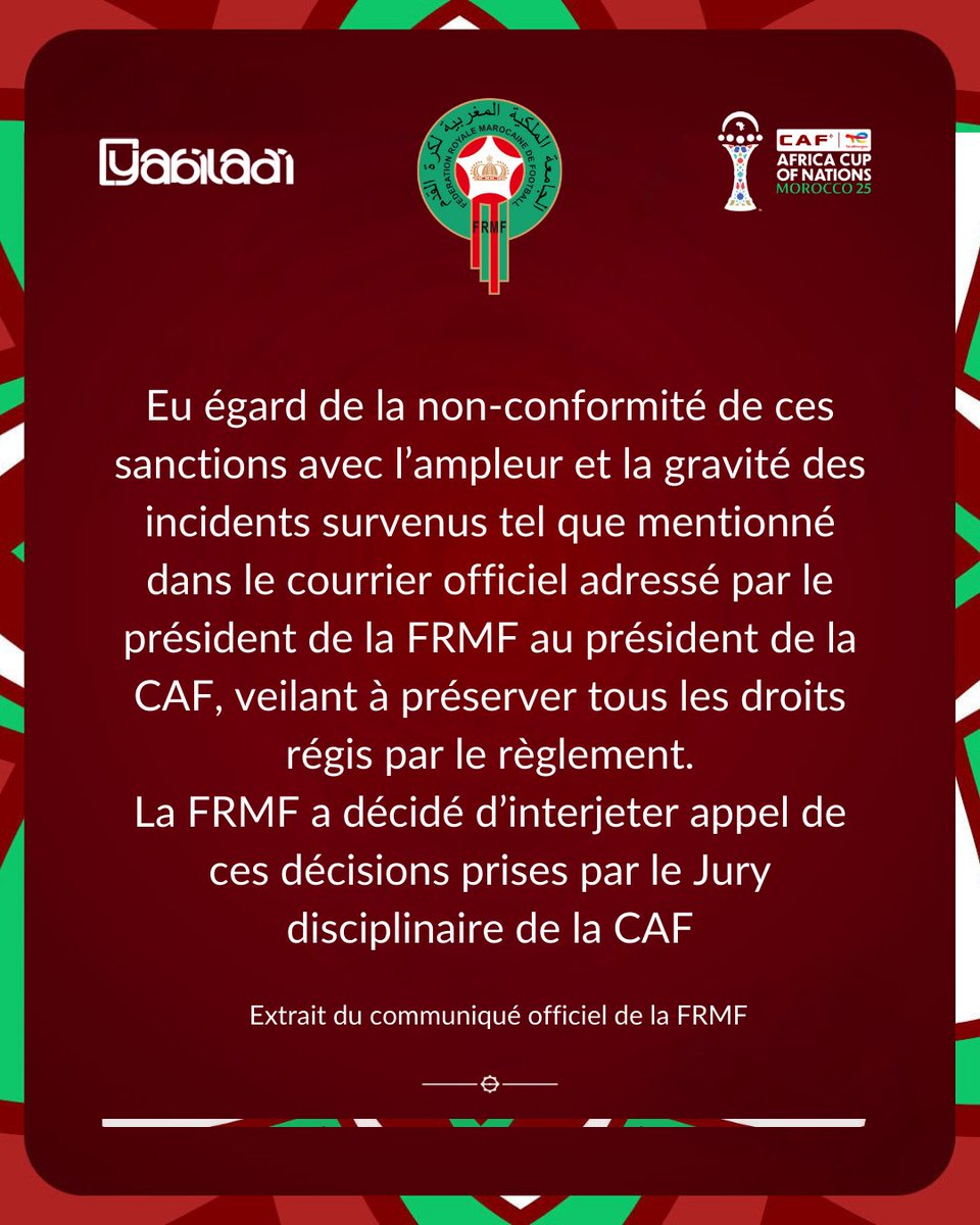 yabiladi_fr's tweet photo. La Fédération Royale Marocaine de Football annonce officiellement son appel contre les sanctions de la CAF suite à la finale de la CAN ⚽⚖️🇲🇦
https://t.co/x26IIgtzW5
#FRMF #CAF #FinaleCAN #CAN2025 #AFCON2025 #DimaMaghrib #Maroc https://t.co/Vqxxox5eQW