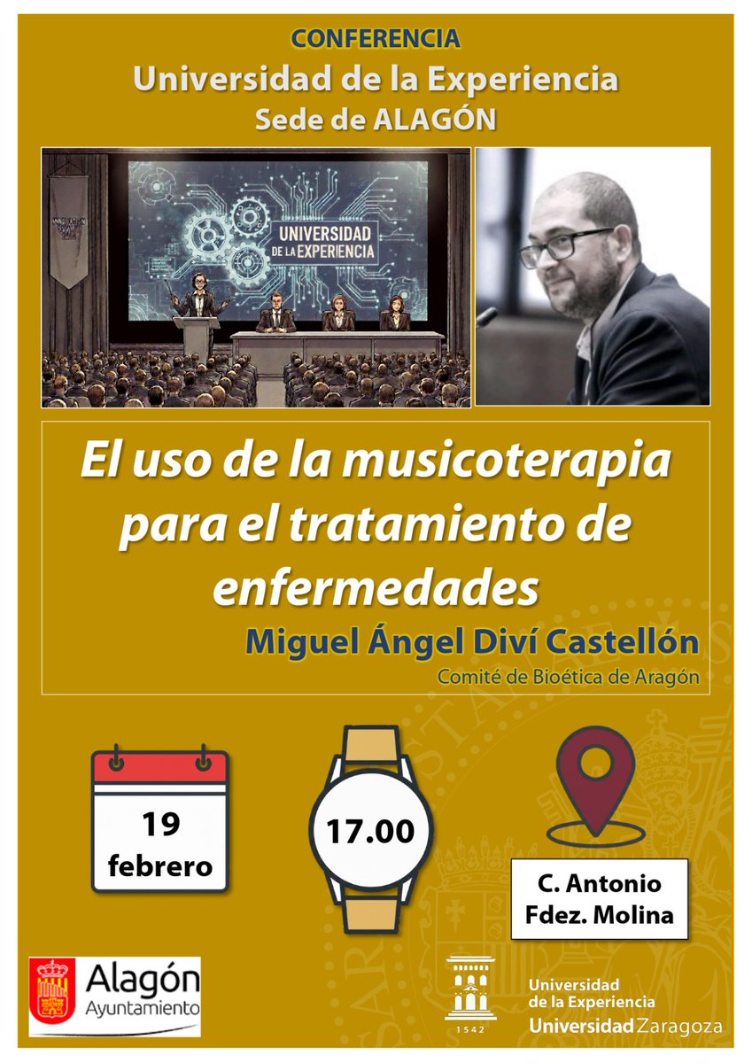 Un año más participaré en la Universidad de la Experiencia de <a href="/unizar/">Universidad Zaragoza</a> y el @alagonayuntamiento para hablar de música, musicoterapia y salud. @amva_alagon
Fecha: 19/02/26
Hora: 17.00
Duración aprox.: 1 hora + preg
Lugar: C. Cívico Antonio Fdez. Molina 
Os espero a <a href="/todos/">todos</a>!