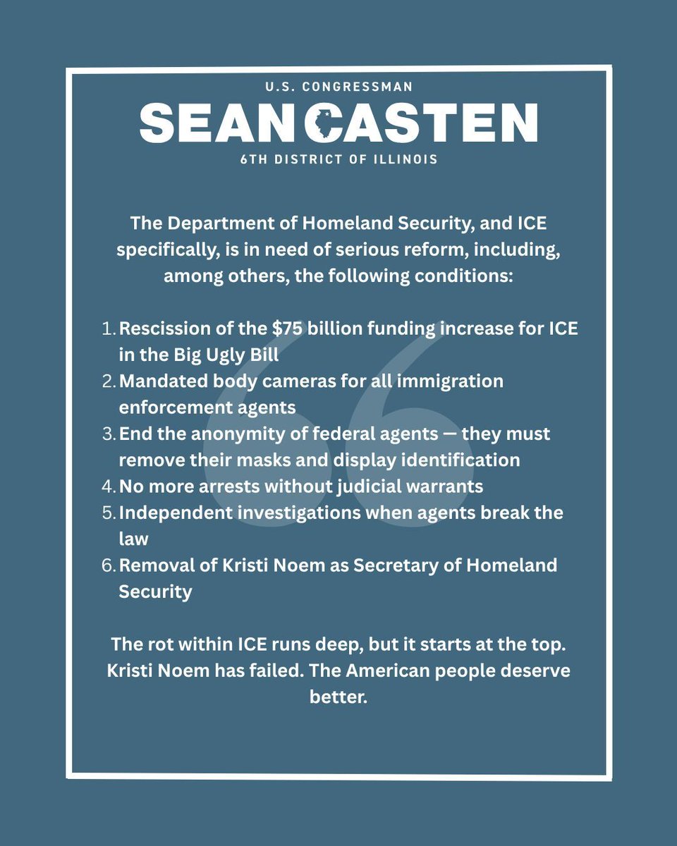 RepCasten's tweet image. I voted against the funding package considered by the House today because we must prevent the further murder of Americans, ensure due process, and address the catastrophic failures by Kristi Noem and the Department of Homeland Security.