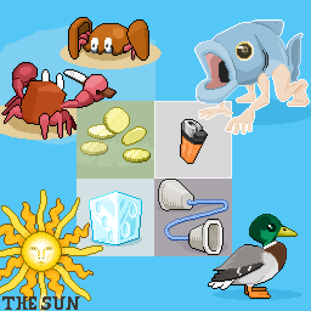 Alguns dels dibuixos del mes de gener.

#pixel_dailies #pixelart #battle #crab #surrealcreature #tarotcard #flipping #lighter #dice #closecall #duck