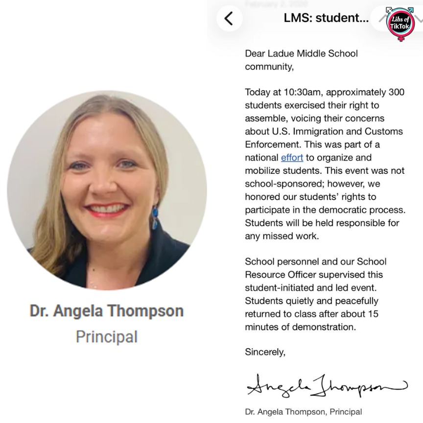 libsoftiktok's tweet image. SCOOP: I’m told Angela Thompson, the Principal of Ladue Middle School (@LadueSchools), sent an email to families stating that the school "honored" an anti-ICE student walkout during school hours while staff oversaw it.

Your taxes are being spent to push left-wing political…
