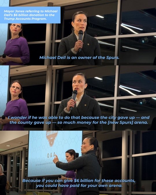 ICYMI: San Antonio Mayor Gina Ortiz Jones ripped Spurs owner Michael Dell for donating $6 billion to the Trump WH less than a month after crying poor to City Council for new a new, $1 billion publicly financed arena for the Spurs. 

Full story below 👇 <a href="/SAcurrent/">San Antonio Current</a>
