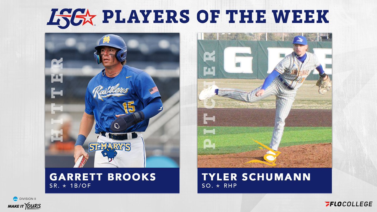 #LSCbsb Players of the Week ⚾️

Hitter: Garrett Brooks, <a href="/StMarysRattlers/">St. Mary's Rattlers</a> 

Pitcher: Tyler Schumann, <a href="/JavelinaSports/">Javelina Athletics</a> 

🔗 bit.ly/49XKA9S

#D2bsb <a href="/FloCollegeBSB/">FloCollege | Baseball</a>