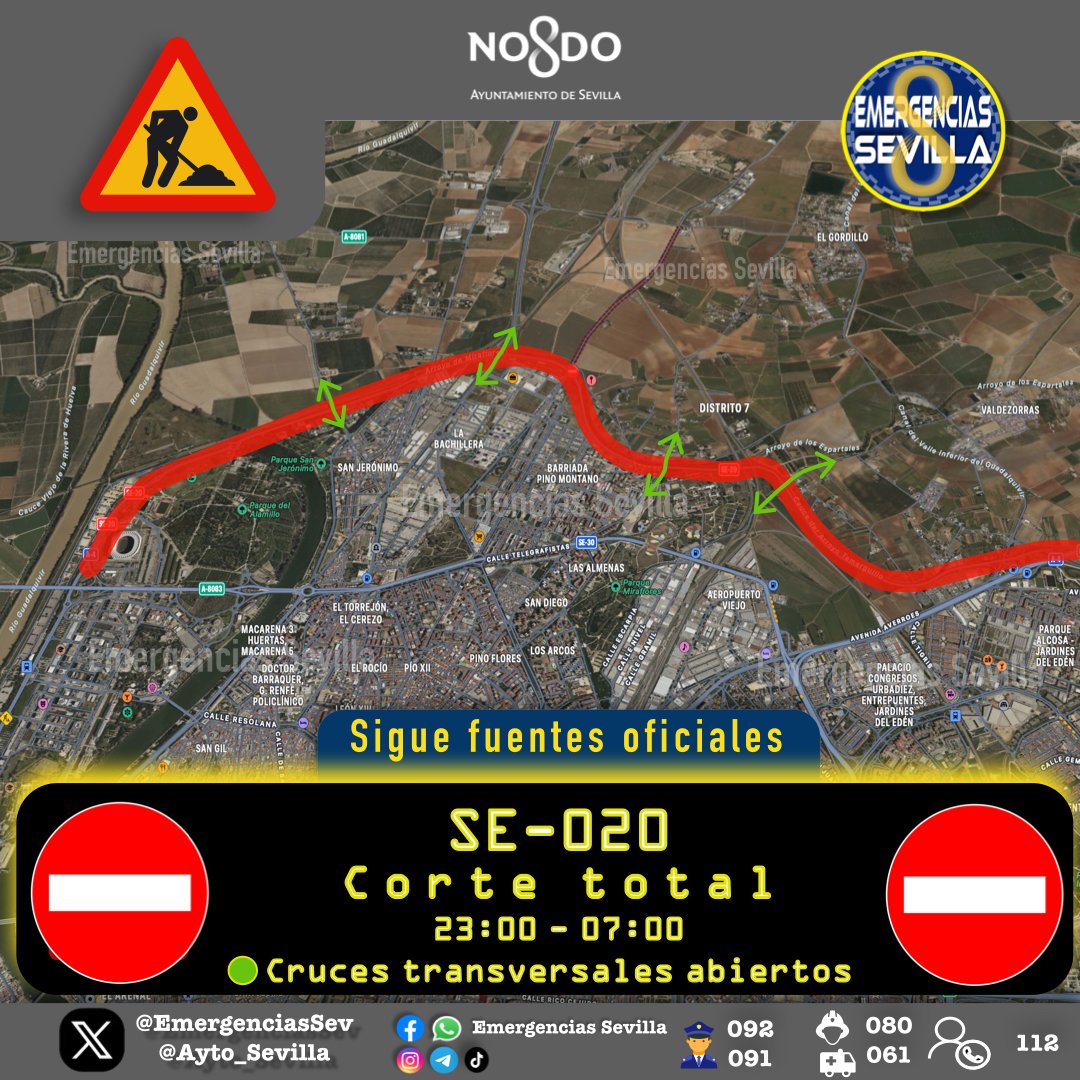 ⚠️23:00 h. - 07:00 h. 
⛔️Corte de tráfico en ambos sentidos de SE-20.
✅ Las vías transversales se mantienen permeables y abiertas al tráfico.
Sigue las indicaciones de los agentes de Policía Local y respeta la señalización circunstancial instalada.
Gracias por tu colaboración