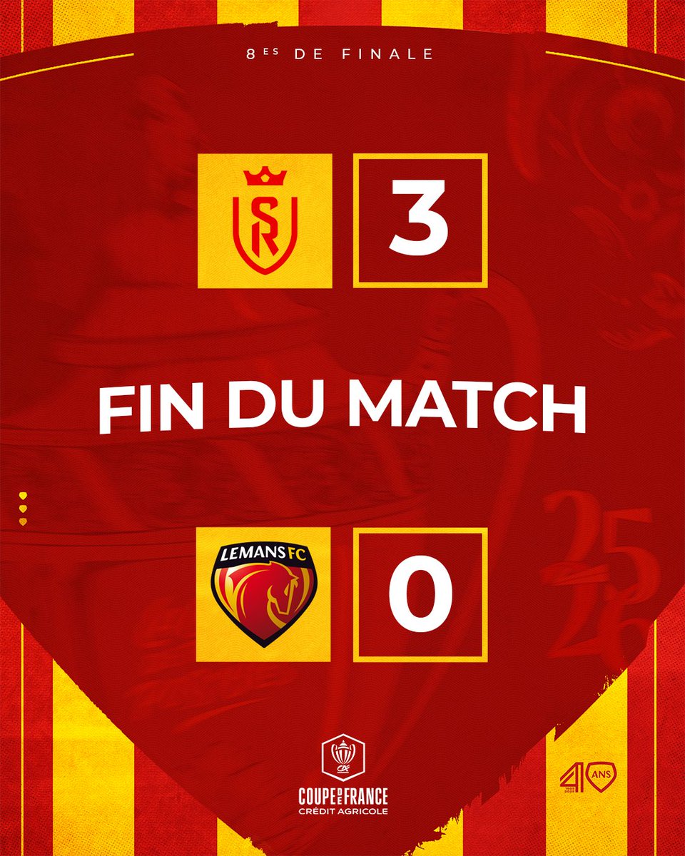 #SDR𝐋𝐌𝐅𝐂 3️⃣-0️⃣

⏱️ 90' | Fin du match ❌ Ce n'était pas notre soir et les Rémois se qualifient logiquement pour les quarts de finale. Retour au Mans cette nuit et place au Derby 💪

#CDFCA #AllezLEMANSFC 🔴🟡