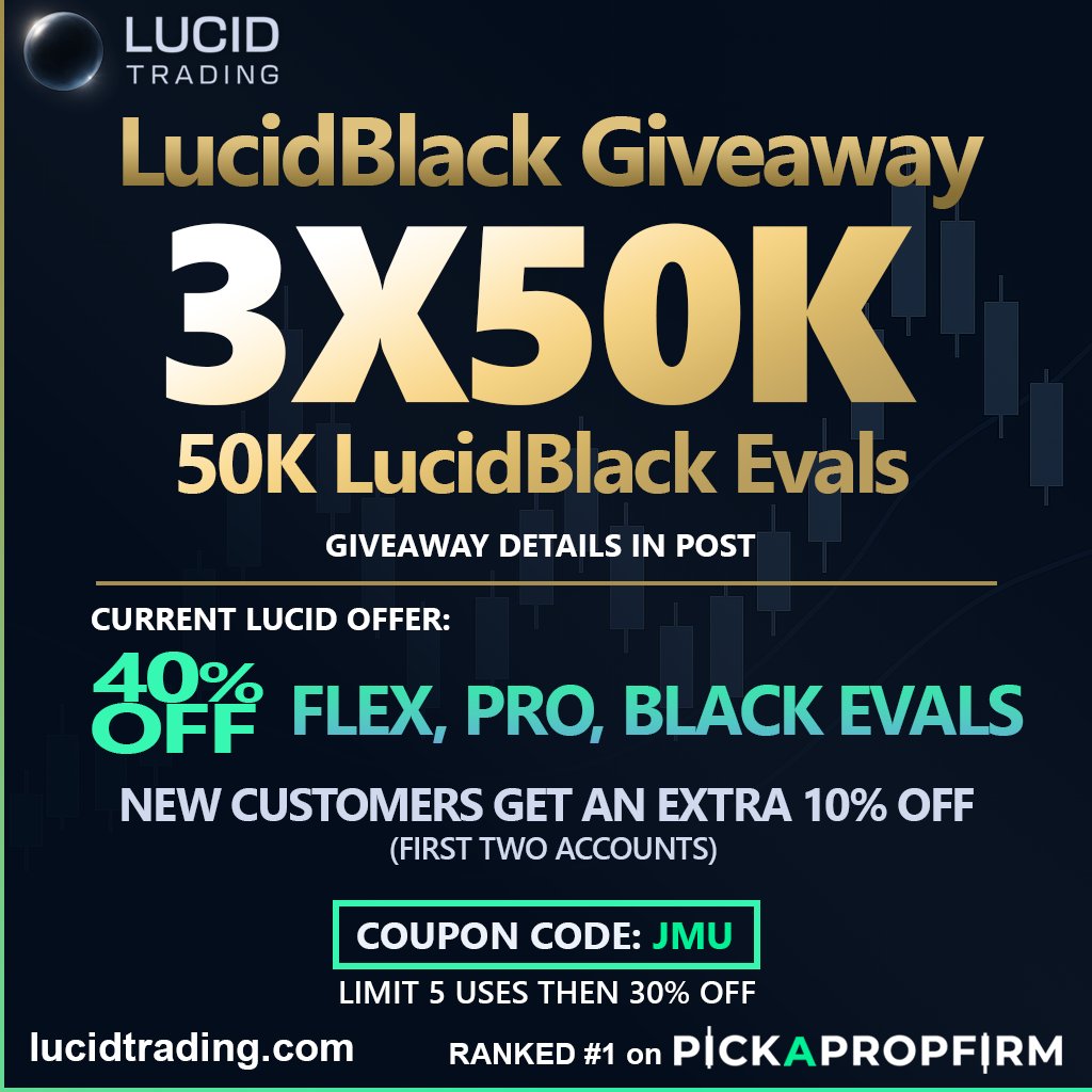 ️Lucid Trading Giveaway!
3 winners receive a FREE 50K LucidBlack Eval.
TO ENTER: 
1️⃣ Follow @Tradinglucid, <a href="/jmutrades/">Jmu</a>, @pickapropfirm
2️⃣ Like &amp; RT
3️⃣ Tag 3 friends and reply with your favorite Lucid plan and its best feature.
4️⃣ Need a hint? Visit Lucid's