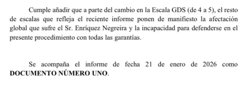 🚨 CAS NEGREIRA
Nou escrit al jutjat.
La defensa d’Enríquez Negreira demana un nou reconeixement mèdic forense.

🤔Diuen que el deteriorament cognitiu ha empitjorat:
de “lleu” a GDS 5 – demència moderada.

Ara resulta que no pot comprendre ni decidir. Curiós. Molt curiós..
⏳⚖️
