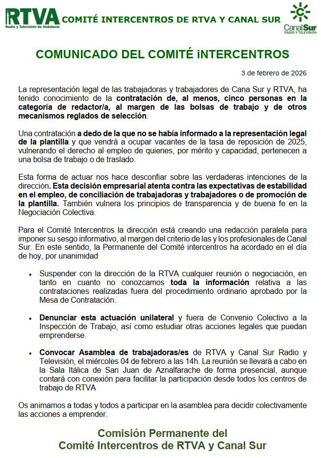 El <a href="/ComiteRTVA/">Comité Intercentros RTVA y CSTV</a> suspende toda negociación con la dirección de #CanalSur tras la imposición de cinco contrataciones ideológicas para los Servicios Informativos de la cadena sin diálogo y contra los intereses de profesionales con décadas en la empresa #enchufismo #Andalucía