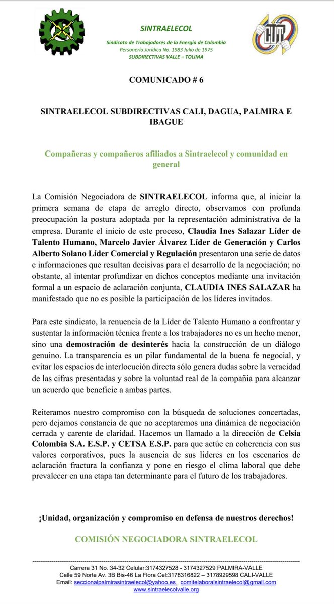 SINTRAELECOL VALLE DEL CAUCA / TOLIMA tweet media