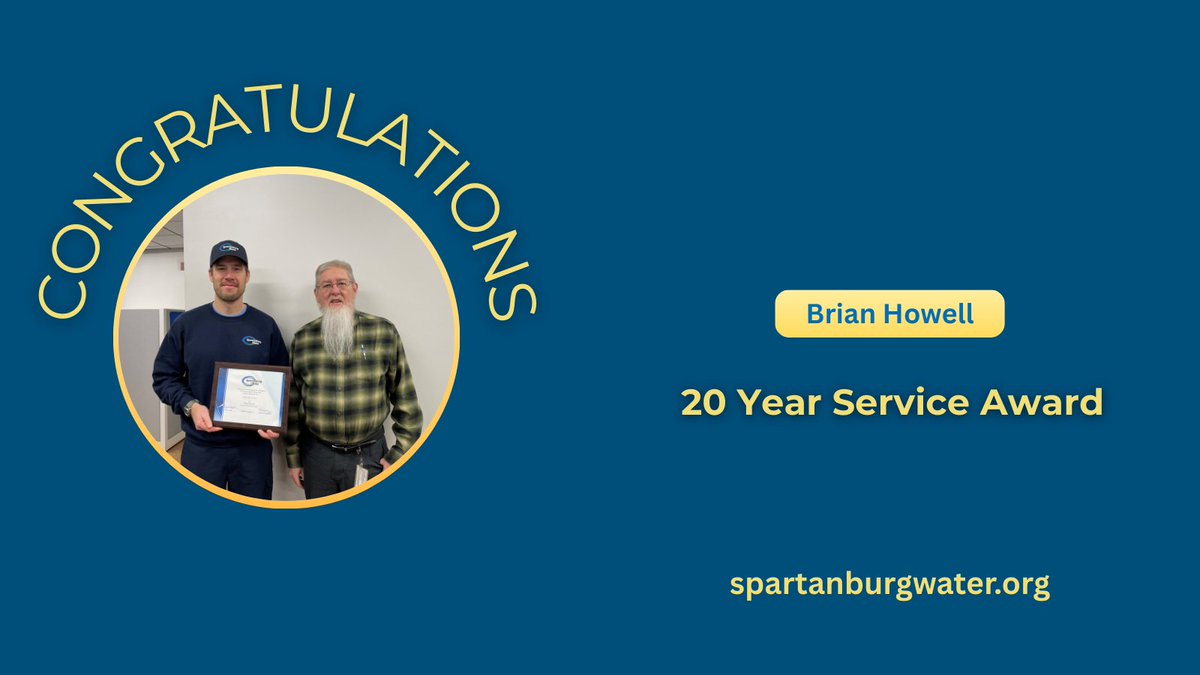 💼 At Spartanburg Water, our team is our greatest asset. Today, we're shining the spotlight on Brian Howell, Engineering Field Tech, for 20 years of service to our community. Brain began his career at Spartanburg Water on January 30, 2006. He is shown, at left, receiving his 20