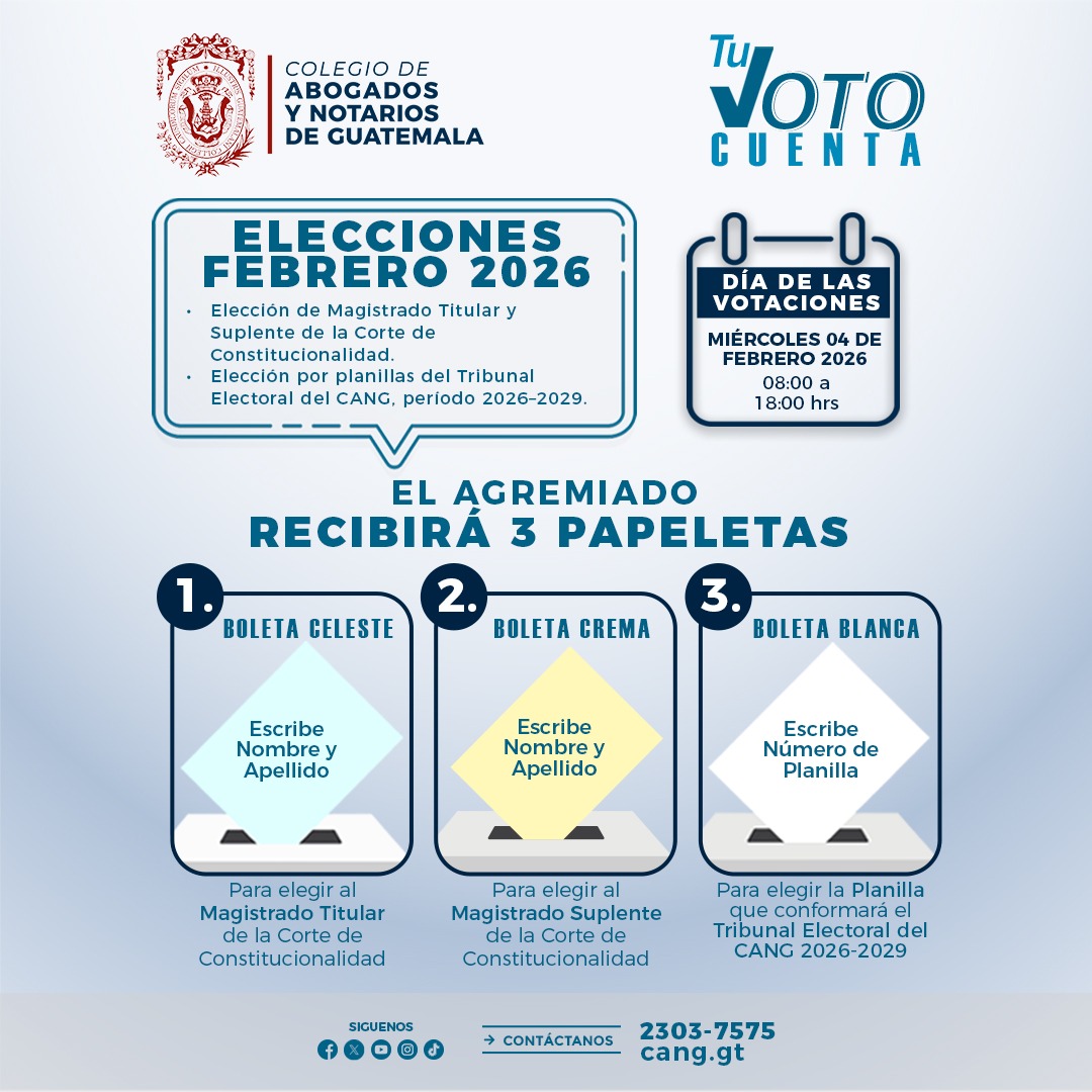 Este 4 de febrero, en la Elección de Magistrado Titular y Suplente de la Corte de Constitucionalidad y la Elección por planillas del Tribunal Electoral del CANG (período 2026–2029) recibirás 3 papeletas:

🔵 Celeste | Magistrado Titular Corte de Constitucionalidad 
🟡 Crema |