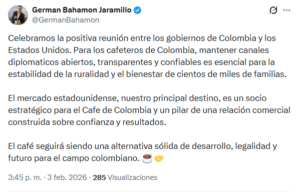 larepublica_co's tweet photo. #Atento | Germán Bahamón, gerente general de la Federación Nacional de Cafeteros, celebró el encuentro entre Gustavo Petro y Donald Trump y resaltó la relevancia de "mantener canales diplomáticos abiertos, transparentes y confiables para la estabilidad de la ruralidad y el bienestar de cientos de miles de familias cafeteras"