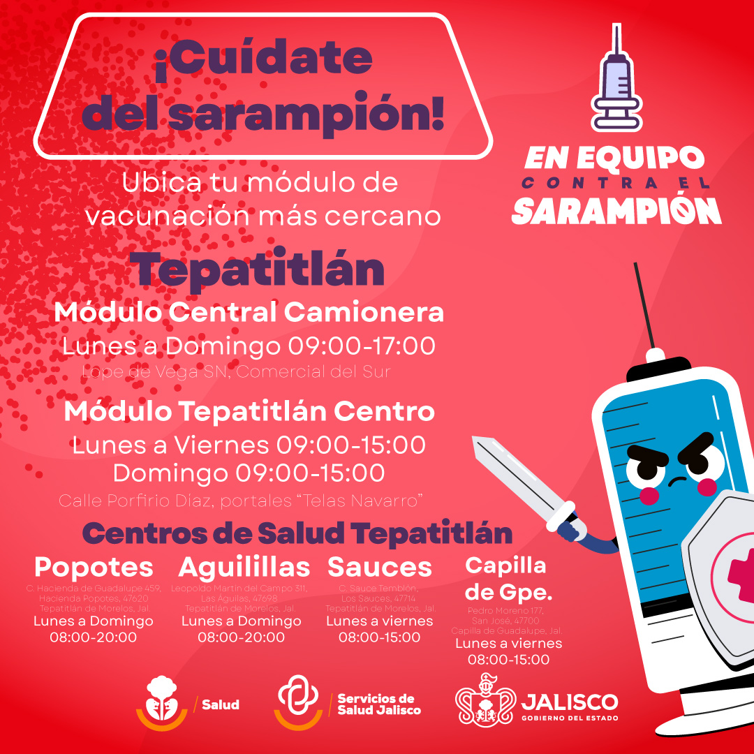 📍 En #Tepatitlán ya puedes vacunar a tu familia contra el sarampión.

Ubica tu módulo más cercano y recibe el servicio de manera gratuita.

¡Protégete y protege a tu comunidad! 💉