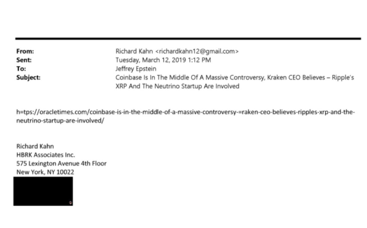 👀👀👀👀👀👀👀👀
Very interesting email from Richard Kahn to Epstein mentioning $XRP. Kahn was Epstein’s longtime in-house accountant. 

The subjext line reads:
“Coinbase Is In The Middle Of A Massive Controversy, Kraken CEO Believes - Ripple's XRP And The Neutrino Startup Are