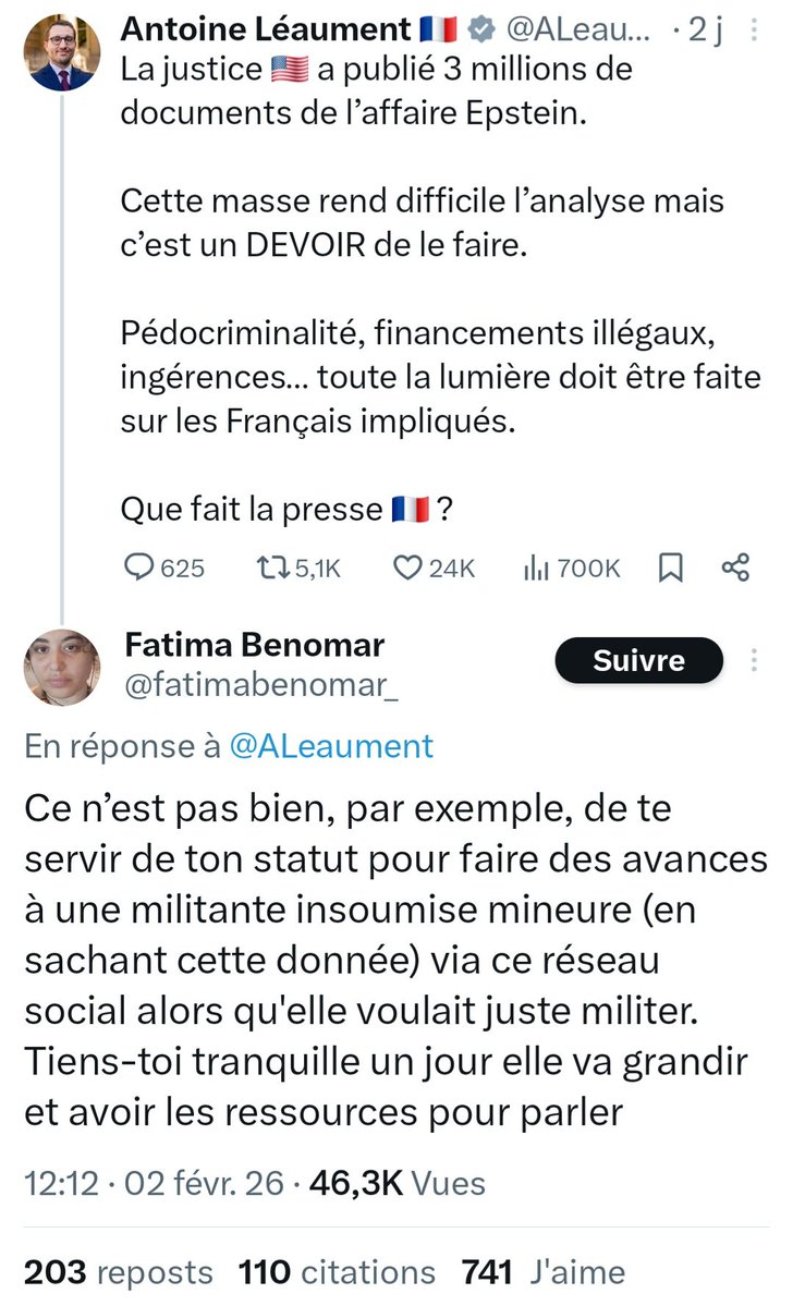 🔴 Fatima Benomar, militante féministe qui a entretenu une relation avec Jean Luc Mélenchon, accuse le député LFI Antoine Léaument de se "servir de [s]on statut pour faire des avances à une militante insoumise mineure..." Ambiance. #EpsteinFiles