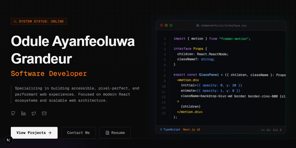 ogayanfe's tweet image. Finally pushed my new portfolio live. 🚀 Moving beyond simple layouts into an immersive, engineering-centric experience.   

Built with Next.js 15, Tailwind 4.0, and a "developer-first" ideology.    

site: ogayanfe.netlify.app 

#porfolio #builtwithnextjs #uidesign