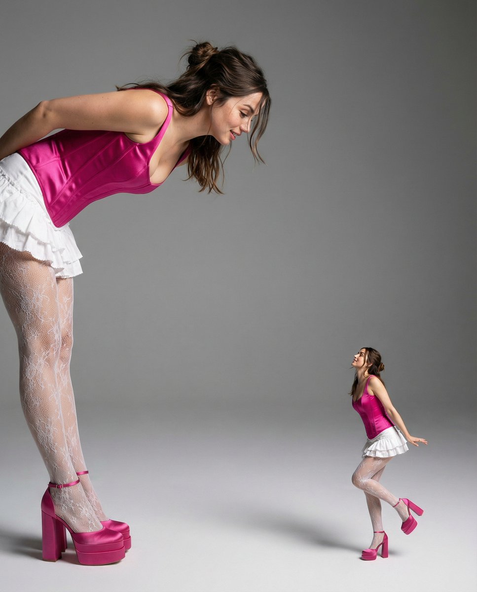 manolyaai's tweet image. Would you like one little one from you too? 😀

Ana De Armas, Sydney Sweeney, Sadie Sink

Nano Banana Pro:

{
  "aesthetic_theme": "Modern Pin-up / Giantess Surrealism / Doll-core",
  "colors": {
    "primary_palette": [
      { "color": "Barbie Pink / Fuchsia", "usage": "Satin