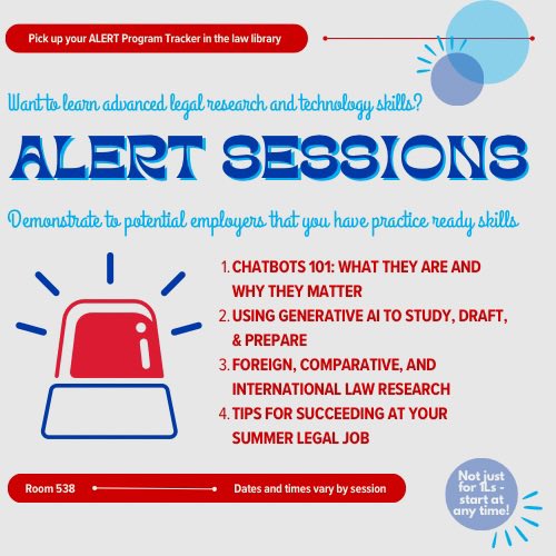 gsulawlib's tweet photo. The law library is hosting eight ALERT sessions this semester, on four different topics. ALERT sessions are 45-minute workshops for law students that focus on legal research and technology related topics. Mark your calendars! #ALERTProgram https://t.co/JZSGlyfUyn