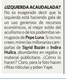 La doble moral de la izquierda, hablan contra el dinero, pero gastan millones en campañas 💰📢. Yo no cuento con millones, ni financiamientos oscuros, hago política de frente, austera y honesta. Indira Huilca y Sigrid Bazán representan ese discurso que no coincide con los hechos.