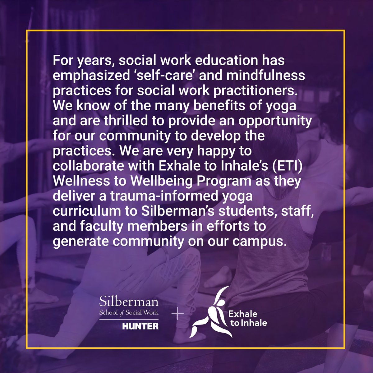 silbermanssw's tweet photo. Join us for a free yoga class. This yoga class is designed to help destress and reconnect with your body.

RSVP for an upcoming class ---> https://t.co/7Yz7k1nHoc

#selfcare #healing #mindfulness #yogaclass #silbermanssw #huntercollege https://t.co/SbR8uGcU6e