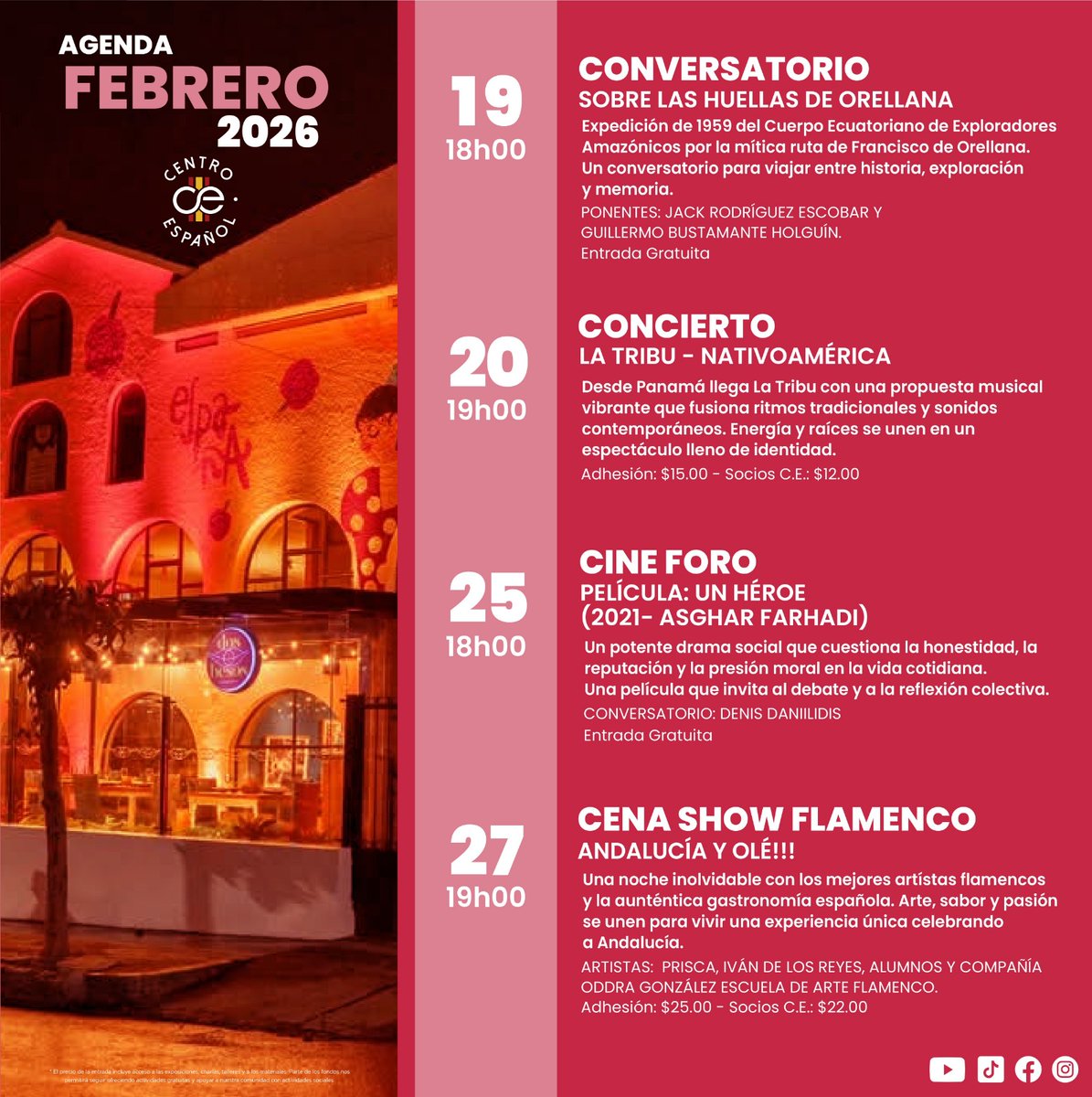 ✨ ¡Les presentamos la agenda de febrero 2026 del Centro Español! 

Febrero llega con espacios para el pensamiento, la música y el arte a través de nuestros conversatorios, cine foro, conciertos y una cena show flamenco para deleitarse con lo mejor de nuestra tradición.